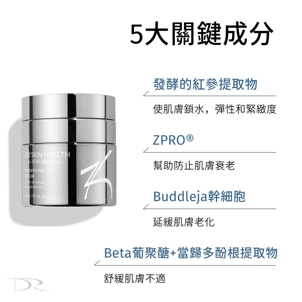 DRX達特仕的依膚質-抗老化系列-ZO生長因子修復精華，幫助皮膚屏障健康，恢復皮膚保濕能力，改善膚色不均跟更深的皺紋，以及預防肌膚出現提早衰老問題，DRX達特仕給您最好的抗老化產品！