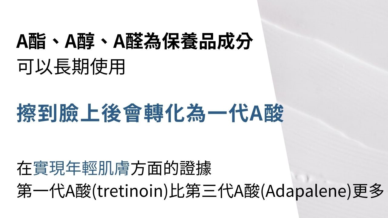 一直跟青春痘抗戰的病人們，都相當關心自己手上的第三代A酸藥膏是否跟第一代A酸在對抗光老化有一樣的效果，第三代A酸在實現年輕肌膚方面的研究相對於第一代A酸要少得多。這一篇文章會來為大家解惑！