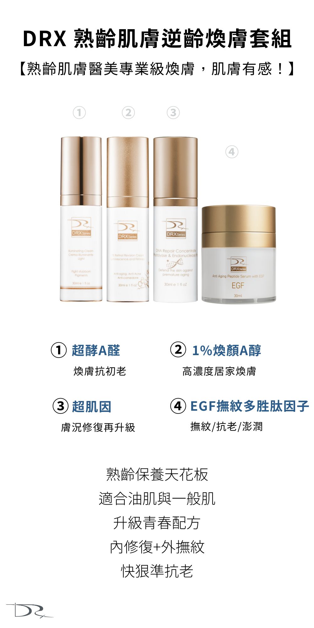 熟齡肌膚逆齡煥膚套組幫你的肌膚改善膚質及毛孔、美白嫩膚超有感，熟齡肌膚逆齡煥膚套組守護你的肌膚，讓歲月在你的肌膚不留痕跡！要買抗老化的肌膚保養組就到DRX達特仕購物網站！