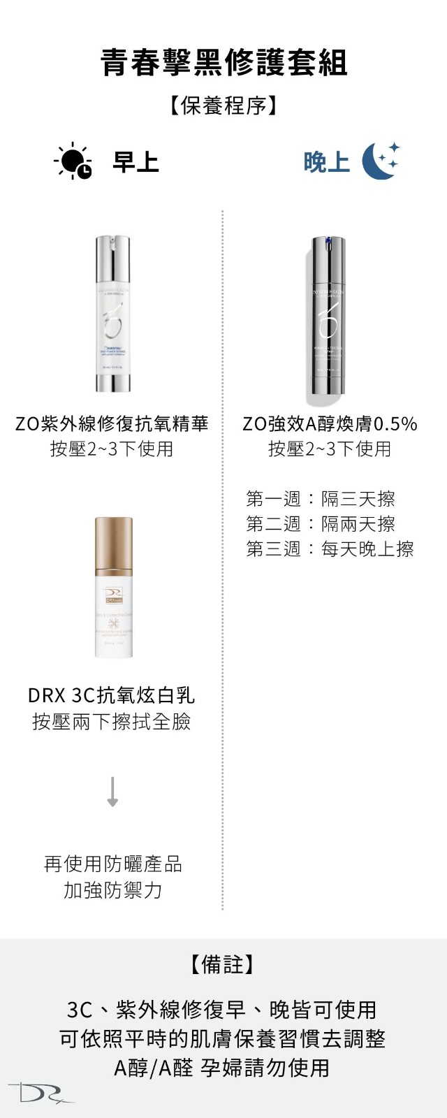 DRX達特仕給您最好的煥膚產品，DRX達特仕的青春淡斑修護套組，使用高濃度A醇激活皮膚代謝，延緩衰老、改善膚質、增加緊致度，將臉上惱人斑點、肌膚老化、肌膚暗沉、膚色不均的症狀一網打盡！