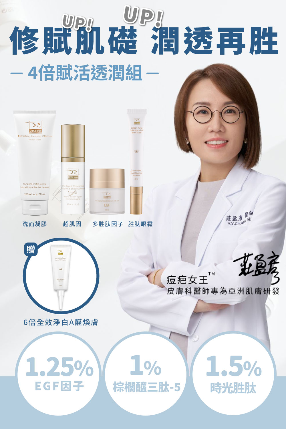DRX達特仕的莊醫師嚴選活動專區系列-4倍賦活透潤組，特選修護抗老套組，打造平衡肌礎維持健康膚質。