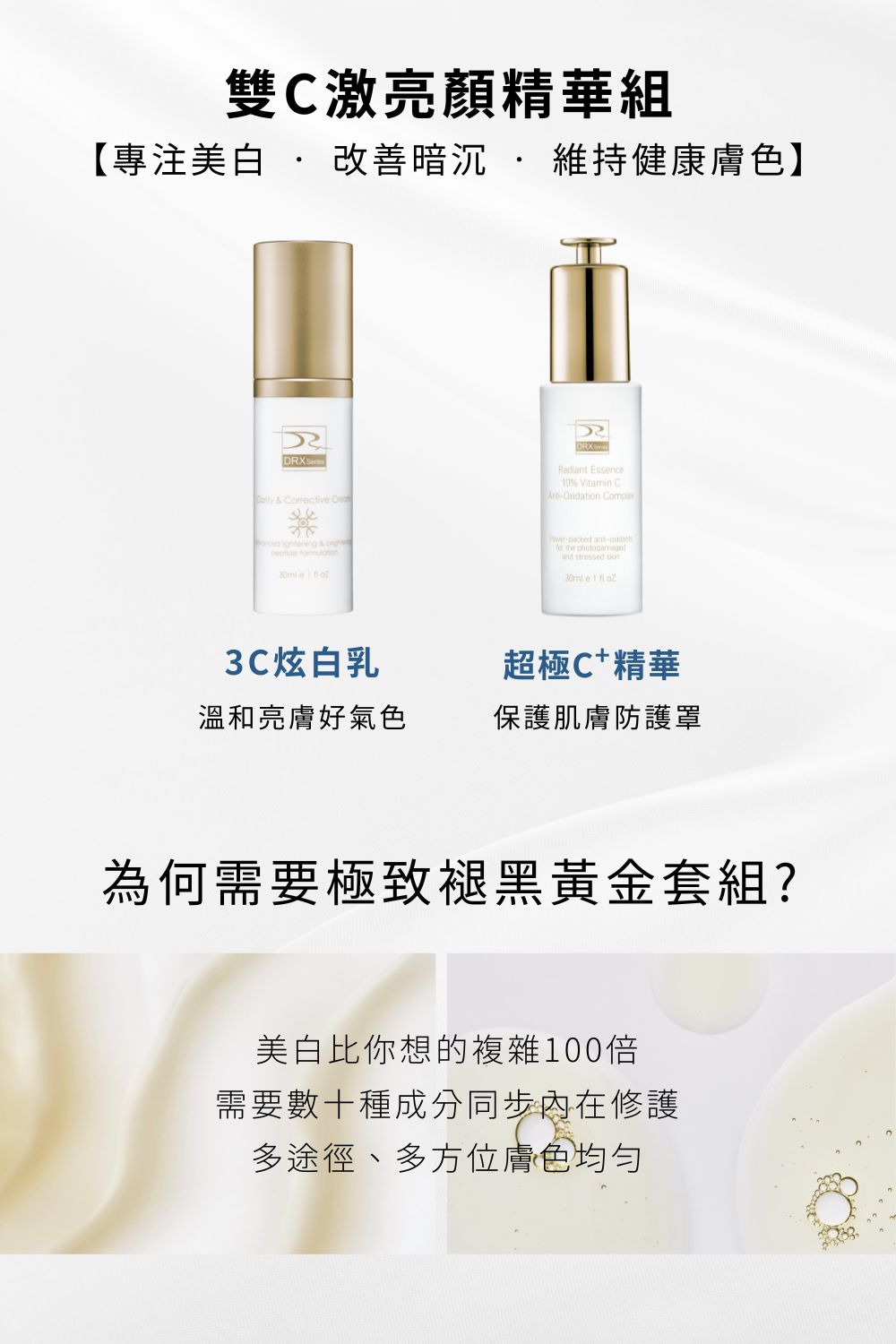 〈雙C激亮顏精華組〉讓肌膚極致提亮，精準重返美肌光韻。  ．超級C  富含3X維他命C配方同時搭配新型美白成分《沒黑素》，真正實現由內而外的光澤亮麗。特別添加EGF配方，更是抗老肌底的精準投資。  ．3C炫白乳  運用獨特七重亮白呵護，融合菸鹼醯胺(維他命B3)、傳明酸、醯本胺、維他命C醣甘、脂溶性維他命C衍生物、美白胜肽、甘草與沒黑素七大亮白明星成分，美白肌膚與均勻膚色。