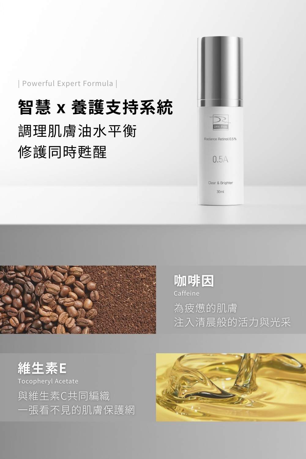 DRX達特仕的維他命C系列-DRX 0.5%維A極淨煥膚亮白乳，針對30歲以上、耐受性肌膚設計的抗老美白A醇。