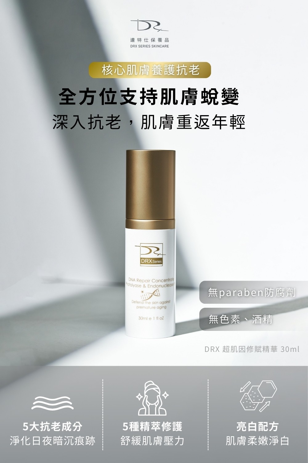 DRX達特仕的雪絨花保養品系列-DRX超肌因修賦精華(乳)，回復澄淨光澤，讓肌膚重返年輕。