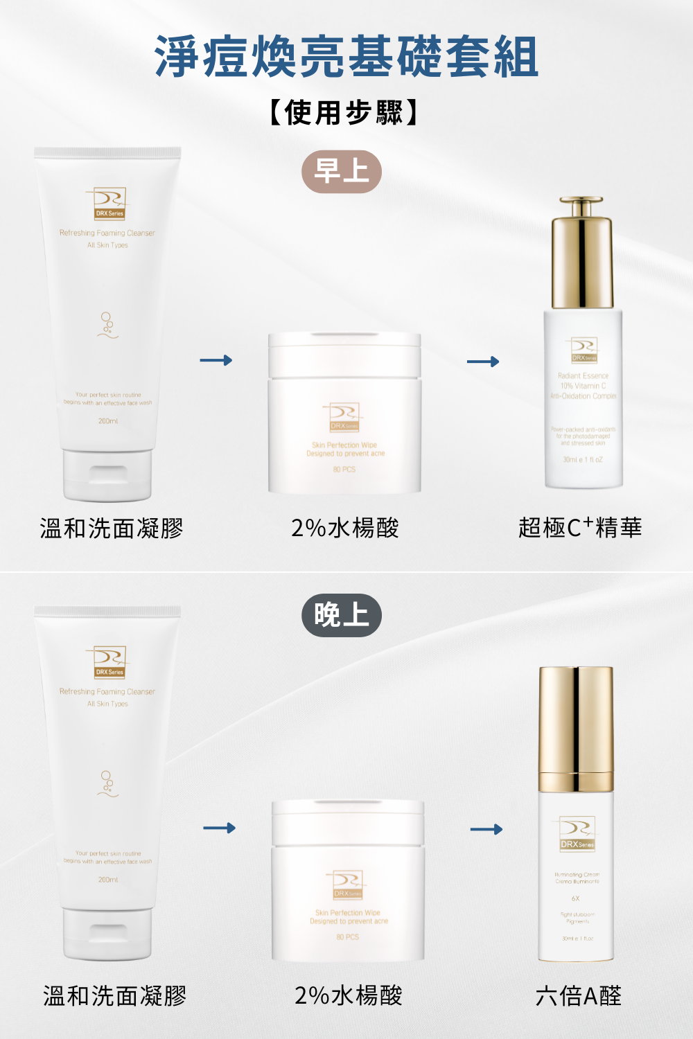 任何肌膚都會有膚況不好的時候,尤其是油性肌膚,保養步驟首重就是清潔!DRX 溫和洗面凝膠搭配水楊酸棉片讓毛孔暢通淨化,再導入A醇/A醛去角質、改善膚質。肌膚若有暗沉問題,日常搭配DRX 超極C+精華,使肌膚維持健康透亮。  █洗面凝膠 燕麥氨基酸溫和清潔,更添加明星成分積雪草以及大量滋潤、舒緩肌膚植物甘草與洋甘菊等成分。令人靜心的綠茶提取物賦予尊榮的感官體驗。  █ 2%水楊酸棉片 水楊酸、甘醇酸與杏仁酸再融合明星成分—茶樹精油與菸鹼醯胺,幫助肌膚控油、預防面皰。輕鬆應對多變肌膚狀況!   █ 6倍全效淨白A醛煥膚  高效A醛複合配方!精準改善暗沉、肌膚老化、膚色不均,幫助維持肌膚健康的狀態。    █ 超極C+ 精華  精準富含3X維他命C配方,透過黃金比例的配方演算提升維他命c穩定,四種美白成分與EGF抗老配方結合,賦活肌膚光采。 任何肌膚都會有膚況不好的時候,尤其是油性肌膚,保養步驟首重就是清潔!DRX 溫和洗面凝膠搭配水楊酸棉片讓毛孔暢通淨化,再導入A醇/A醛去角質、改善膚質。肌膚若有暗沉問題,日常搭配DRX 超極C+精華,使肌膚維持健康透亮。  █洗面凝膠 燕麥氨基酸溫和清潔,更添加明星成分積雪草以及大量滋潤、舒緩肌膚植物甘草與洋甘菊等成分。令人靜心的綠茶提取物賦予尊榮的感官體驗。  █ 2%水楊酸棉片 水楊酸、甘醇酸與杏仁酸再融合明星成分—茶樹精油與菸鹼醯胺,幫助肌膚控油、預防面皰。輕鬆應對多變肌膚狀況!   █ 6倍全效淨白A醛煥膚  高效A醛複合配方!精準改善暗沉、肌膚老化、膚色不均,幫助維持肌膚健康的狀態。    █ 超極C+ 精華  精準富含3X維他命C配方,透過黃金比例的配方演算提升維他命c穩定,四種美白成分與EGF抗老配方結合,賦活肌膚光采。