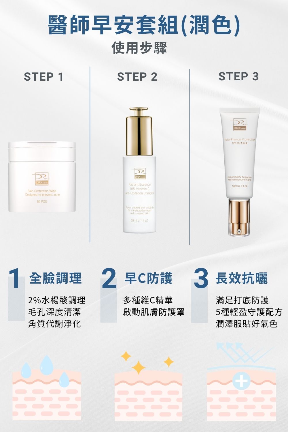 要挑選保濕防曬系列商品就到DRX達特仕，DRX達特仕的醫師早安套組(潤色)，以水楊酸棉片清潔後，導入早C覆蓋屏障，最後一步搭建防曬系統，完美定義外出前奏。要買防曬乳、防曬系列商品，就到DRX達特仕。