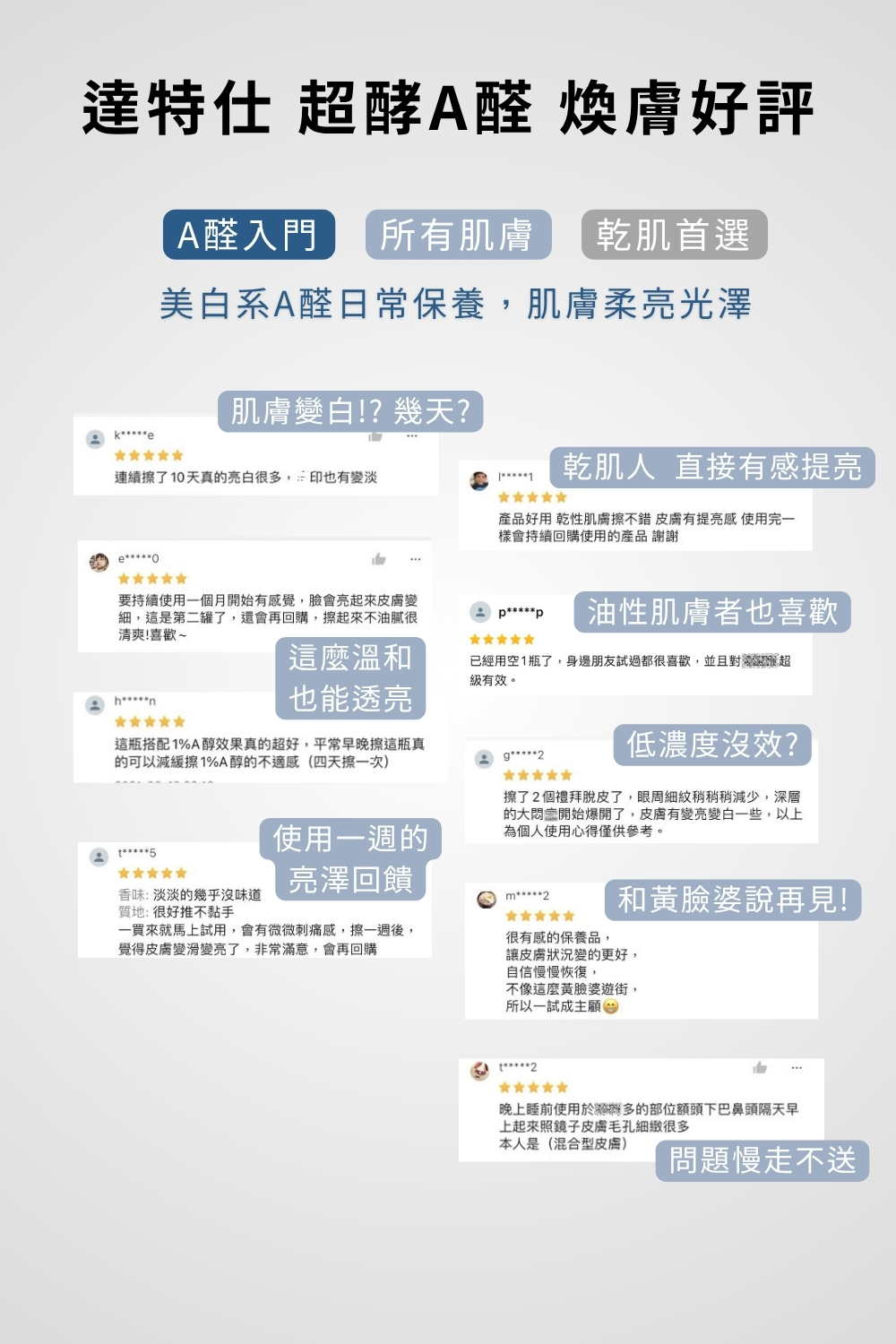 DRX達特仕的抗老化保養品系列-DRX超酵A醛提亮煥膚，維他命A衍生物-A醛，能幫助肌膚亮白、防止肌膚老化，DRX超酵A醛提亮煥膚蘊含低濃度0.05%A醛，温和不脫皮，是促進肌膚新陳代謝的日常基礎保養配方。