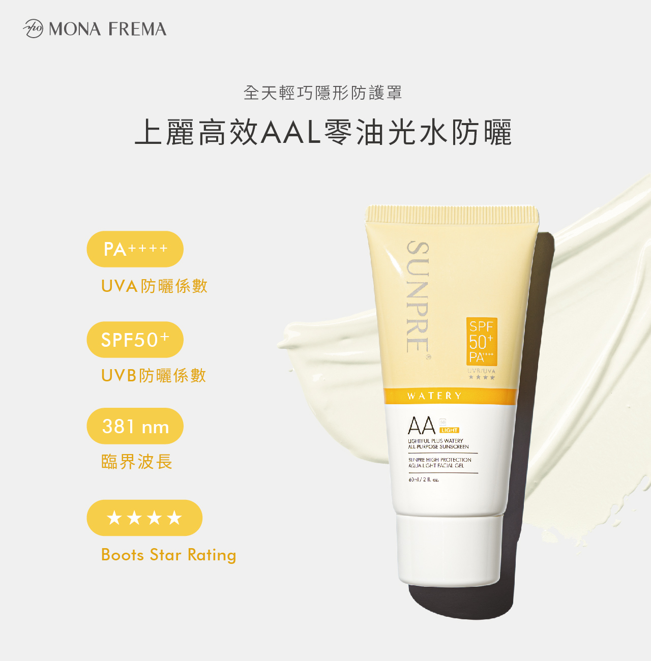 SPF 50+、PA++++、★★★★、CW 381nm，皮膚專科醫師天天用的清爽防曬！醫美防曬「荷麗美加」狂曬不怕黑，日間保養最後一步，輕盈舒適。  速乾無痕 隱形防護盾  輕盈柔潤 零肌感不沾黏  單擦、混色、疊擦都ok  醫美後必備防曬 柔敏抗UV  全面保護亞洲III/IV型肌膚
